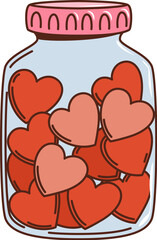 Cartoon retro groovy hippie jar with love hearts, vector icon for Valentine or wedding. 70s hippie and groovy cartoon funky art of hearts in glass jar for love sticker and hipster t-shirt print