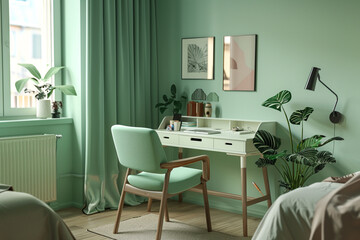 A modern mint green bedroom with a minimalist desk and a stylish, ergonomic chair.