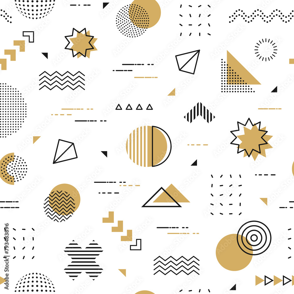 Poster hipster memphis pattern of abstract geometric shapes and minimal line figures, vector background. re