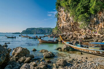 The picturesque sight of the jungle-covered cliffs and rocky beach in Phuket, Thailand with boats...