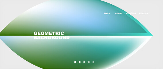 A vibrant green and electric blue geometric background with a leafshaped object resembling a terrestrial plant. The design includes circles and macro photography details