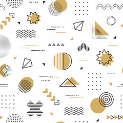 Hipster Memphis pattern of abstract geometric shapes and minimal line figures, vector background. Retro vintage or modern Memphis seamless pattern with triangle, circle and wave line or dots pattern