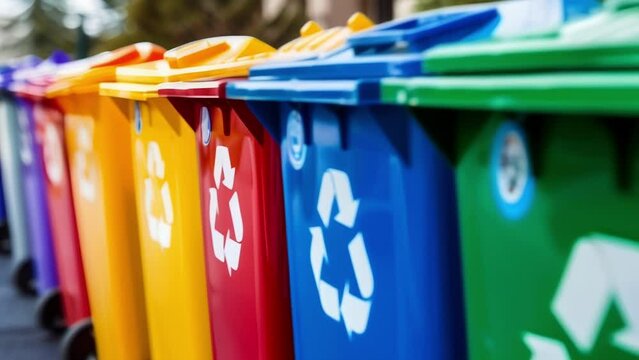 Closeup of a row of colorful recycle bins with clear labels for different types of materials emphasizing the simplicity and convenience of recycling when proper waste management measures .