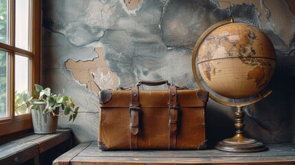 A vintage globe is accompanied by a worn leather suitcase