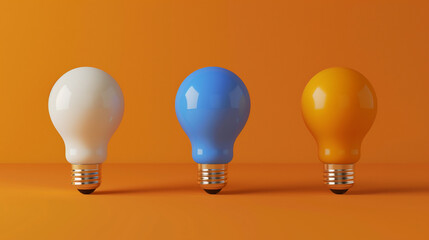 Three Light Bulbs in Primary Colors on Yellow Background