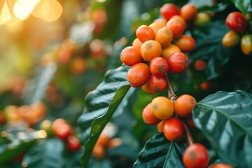 Ripe Coffee Fruit on Branches. Coffee fruit branches laden with ripe cherries, bathed in sunlight,...