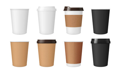 Realistic coffee paper cup and mug mockups, cardboard and plastic package with lids, isolated vector. Disposable coffee cups and mugs for hot drinks and sip lids from white, brown and black paper