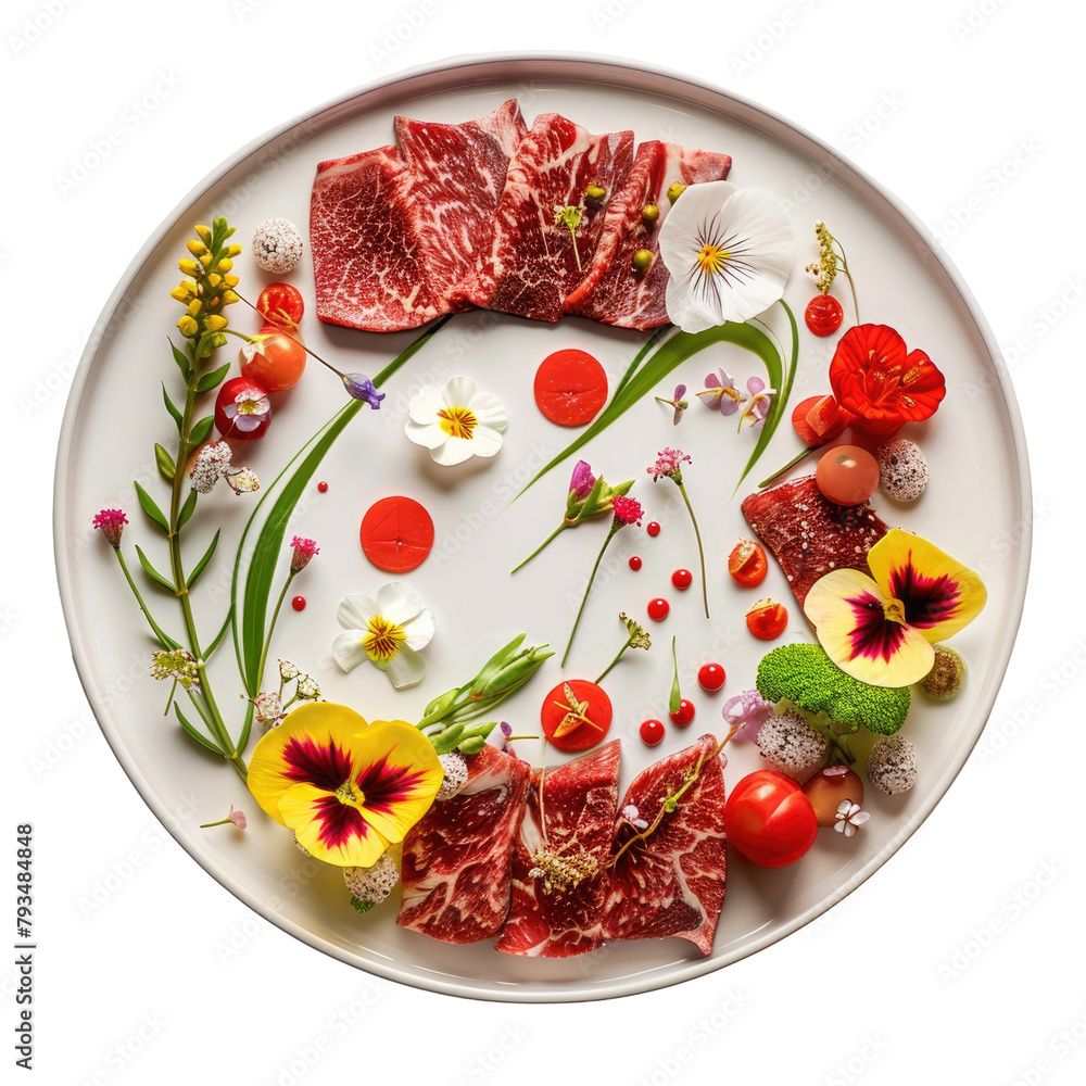 Poster an isolated object showcasing a plate adorned with raw meat and artistic food decorations set agains
