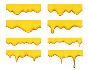 Sweet yellow honey drip and melt. Isolated realistic 3d vector borders set with oil or liquid syrup drips and flows. Drops of pure yellow honey or sauce, melted caramel, dessert or lubricant smudges
