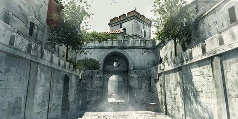 Controlled Environment: The Gated Compound and Guarded Entrance - Picture a gated compound with a guarded entrance, illustrating the controlled environment of evil cults