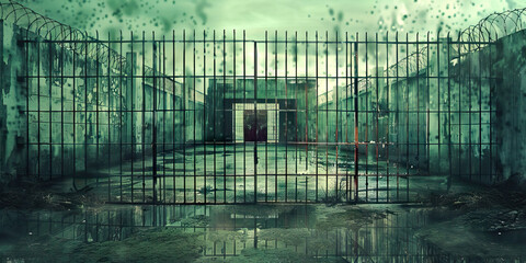 Controlled Environment: The Gated Compound and Guarded Entrance - Picture a gated compound with a guarded entrance, illustrating the controlled environment of evil cults