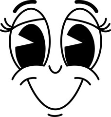 Cartoon funny smiling comic groovy face emotion, retro cute emoji character. Isolated monochrome vector friendly personage scenery smile and big round eyes. Happy facial expression, positive feelings