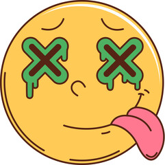 Cartoon retro hippie groovy dead face emoji. Isolated vector yellow smile face with Xs for eyes and sticking tongue, used to convey extreme exhaustion, boredom, or a lack of interest in a situation