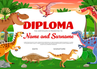 Kids diploma with cartoon funny dinosaur reptile characters, vector education certificate. Cute Jurassic dino with T-rex dinosaur and pterodactyl for kindergarten workshop diploma or certificate award