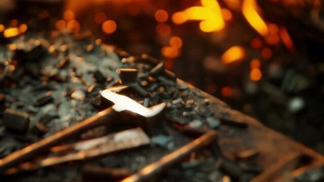 Rusty worn tools sit forgotten on a cluttered workbench in a sea of blurred embers a dreamlike haze enveloping the image. .