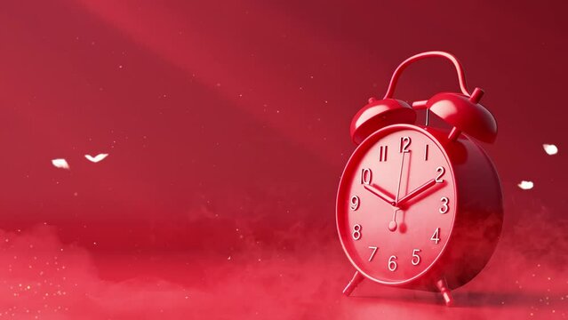 red background with red alarm clock with clipping path alarm. seamless looping overlay 4k virtual video animation background