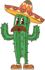 Cartoon retro groovy Mexican cacti character. Isolated vector spiky, mustached latino or mariachi cactus personage. Funny succulent with big eyes, whiskers and colorful sombrero with swirly patterns