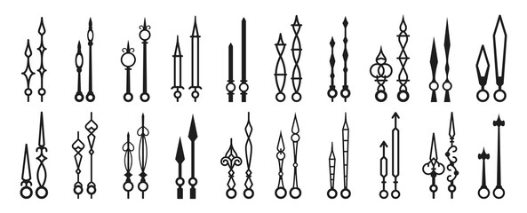 Clock hands, watch arrows and time pointers. Isolated vector icons set of black watch arrows. Monochrome hour and minute hand pairs, essential components of analog clocks in various shapes and sizes