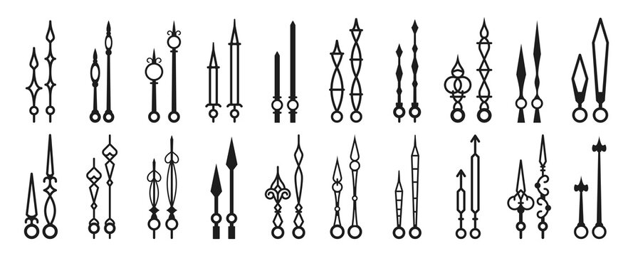 Clock hands, watch arrows and time pointers. Isolated vector icons set of black watch arrows. Monochrome hour and minute hand pairs, essential components of analog clocks in various shapes and sizes