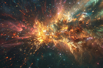 Celestial bodies colliding in a cosmic fireworks display.