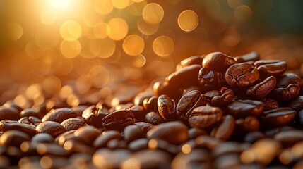 Golden Hour Coffee Beans Close-up. Roasted coffee beans bathed in warm golden light, highlighting...