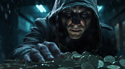 Capture a dramatic 3D rendering of a menacing man in a low-angle view, holding a gleaming coin with intensity for a robbery-themed project