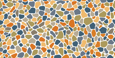 Gravel and pebble mosaic stone pattern, paving background. Vector seamless street cobblestone, garden sidewalk tile with colorful paving blocks, rocks or gravel for patio and outdoor space