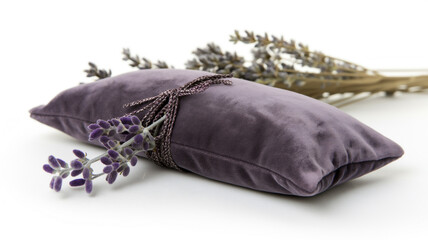 A lavender eye pillow tied with a sprig of lavender on a white surface.
