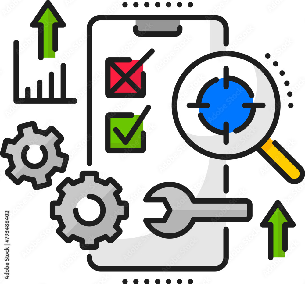 Poster mobile app develop and testing, web software optimization, cellphone application coding linear icon.