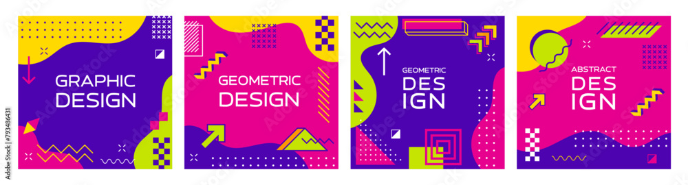 Poster Memphis abstract geometric banners. Modern square templates, feature vibrant colors, simple shapes and bold patterns in retro-modern style of 1980s design movement. Vector playful cards or media posts