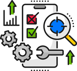 Mobile app develop and testing, web software optimization, cellphone application coding linear icon. Web app, digital product or application testing linear vector icon with phone, wrench and cog wheel