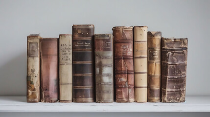 snap a photo of a collection of antique books arranged on a white shelf against a gray and white wa
