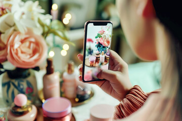 A social media influencer creates content on a smartphone, styling products for an engaging Instagram post, showcasing lifestyle trends.