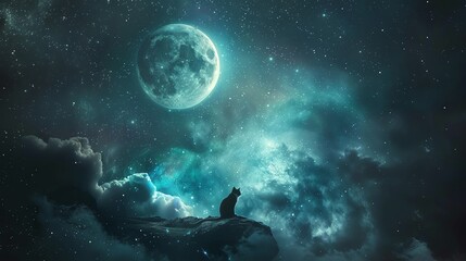 An artistic portrayal of a silent feline astronaut drifting to a radiant moon, past a peaceful cosmic pathway lined with stars, ideal for innovative scifi book covers