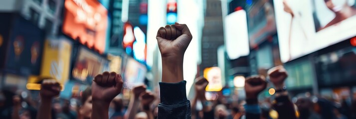 A scene of unity and determination as a diverse group of individuals raise their fists in solidarity for a common cause in the bustling city street - obrazy, fototapety, plakaty