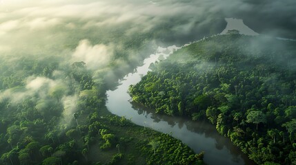 A serene river winding through the fogcovered rainforest, reflecting the urgent need for conservation efforts to protect these invaluable habitats
