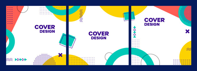 Abstract modern geometric cover, Memphis shapes pattern background. Vector square cards with vibrant dynamic elements, contemporary and energetic design for book or brochure covers, posters or banners