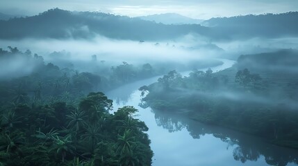 A serene river winding through the fogcovered rainforest, reflecting the urgent need for conservation efforts to protect these invaluable habitats - obrazy, fototapety, plakaty