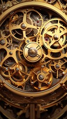 Fototapeta na wymiar Produce a dynamic digital rendering featuring a tilted angle view of intricate gold machinery gears within a clock Incorporate a sense of movement and precision