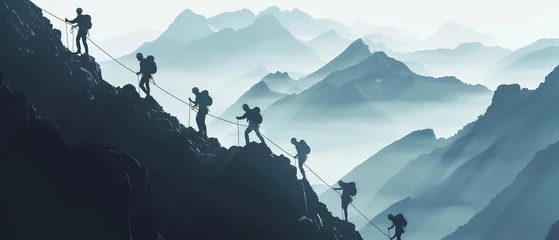 Fotobehang Team of Climbers Ascending Mountain in Silhouette, Teamwork Concept © Mutshino_Artwork