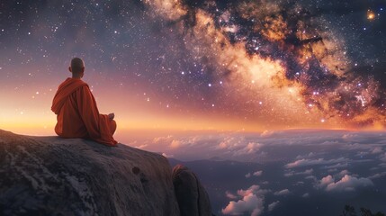 A serene yet spectacular image of a Thai monk in meditation, with the universe as a backdrop, showcasing stunning visual harmony, ideal for a mindfulness campaign - obrazy, fototapety, plakaty