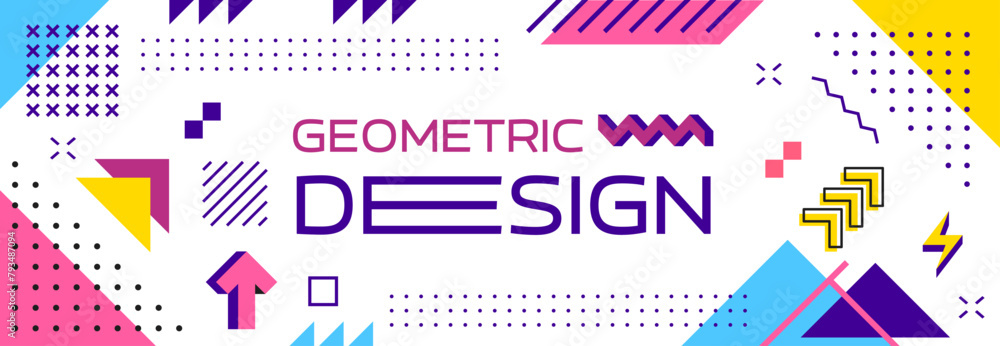 Poster Abstract geometric modern Memphis banner with minimal line shape patterns, vector background. Retro or modern Memphis banner with simple figures of triangle, circle and wave line or dots halftone