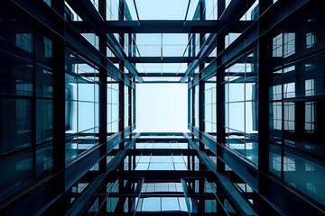 Modern glass building symmetry structure looking up at the sky, geometric lines contemporary structure