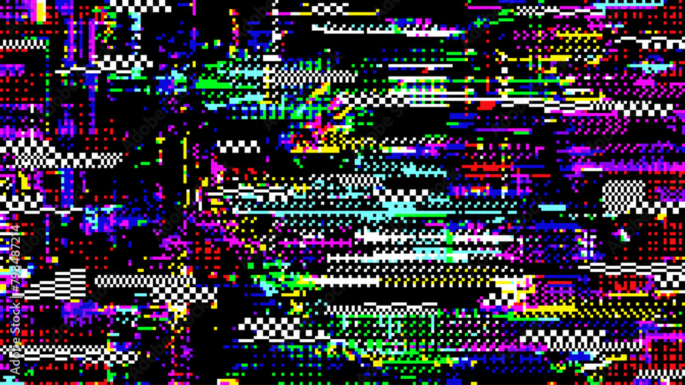 Aufkleber Retro pixel noise glitch abstract background with noisy pattern. Vector glitched backdrop pulsating with colorful distortions and digital artifacts. Monitor screen with computer error or bug
