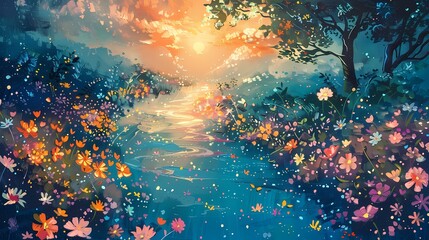 Fototapeta na wymiar colorful wildflowers in the rain illustration poster web background