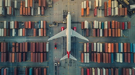 An aerial view of a busy cargo plane landing in a container yard, surrounded by rows of neatly stacked shipping containers ready to be loaded onto the aircraft for global shipping