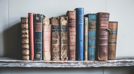 snap a photo of a collection of antique books arranged on a wooden shelf against a white wall