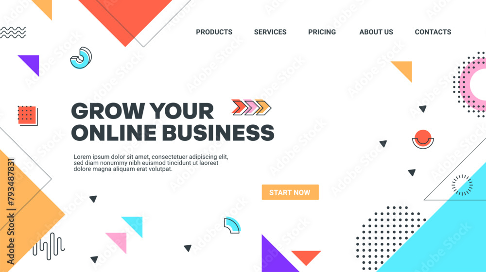 Poster Abstract modern Memphis landing page template with geometric shapes. Vector business web banner for user-friendly online experience, features vibrant colors and official interface with menu bar