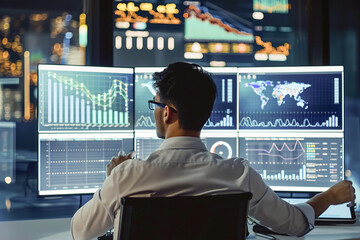 A digital marketing strategist analyzes data analytics on multiple screens, devising online campaigns, optimizing SEO, and enhancing social media presence for brand engagement.