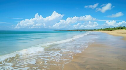 Obraz premium Beautiful sea view with waves, clear blue sky and beach sand